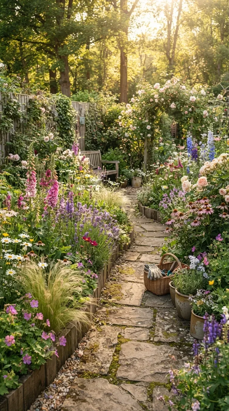 Charming cottage flower garden filled with colorful layered blooms and lush greenery.