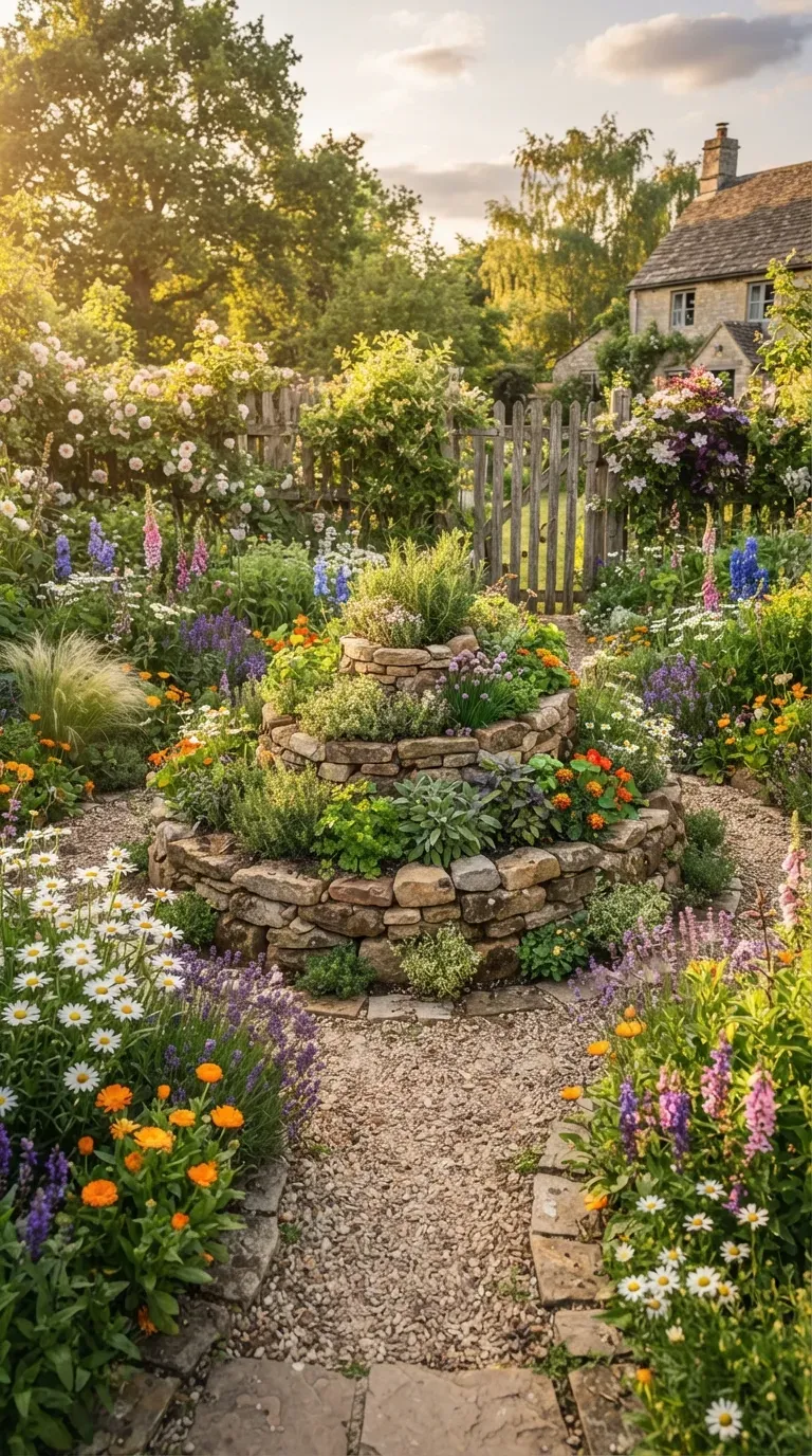 Romantic cottage herb spiral surrounded by flowers herbs and natural stone.