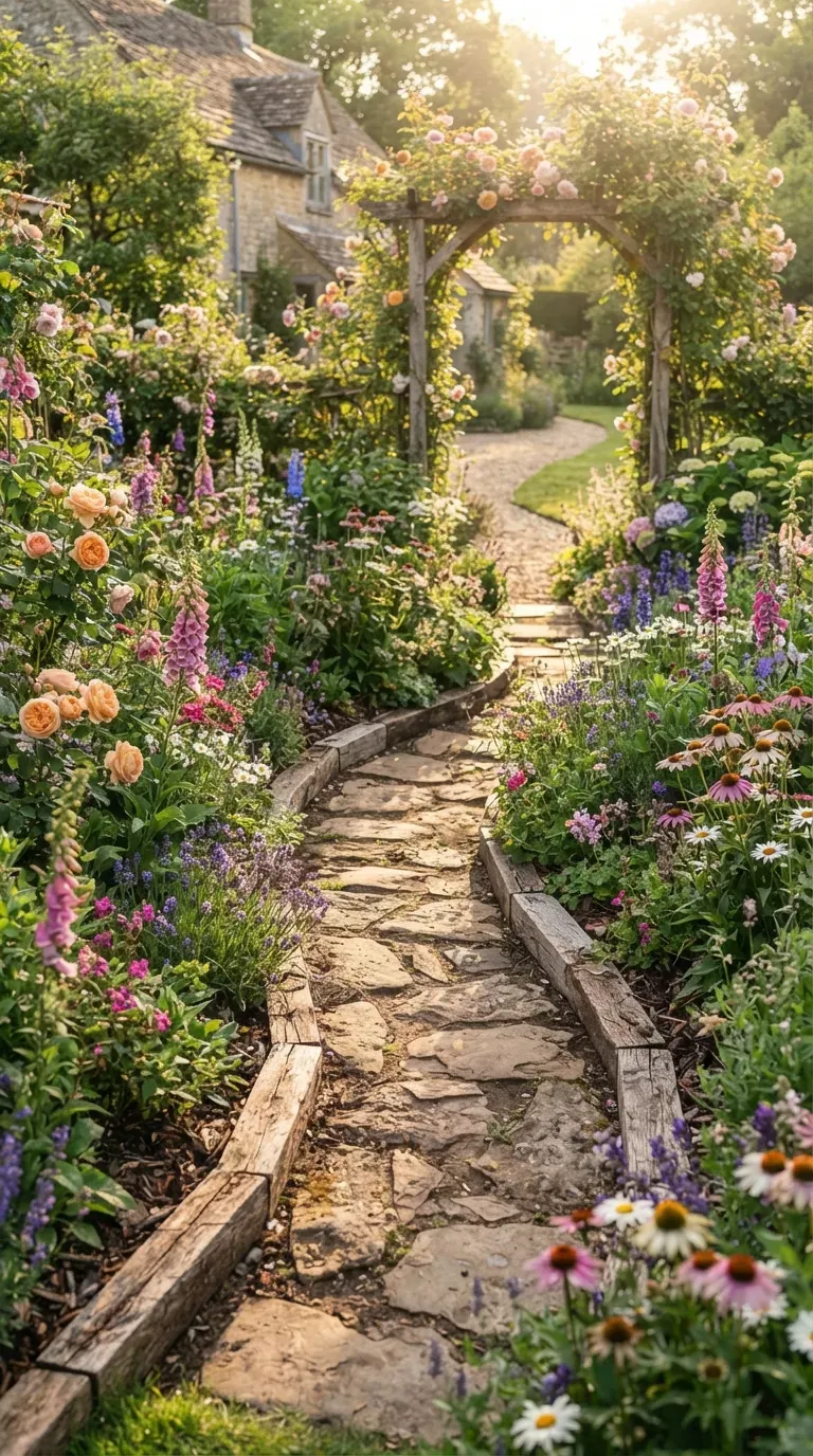Romantic cottage garden filled with colorful perennial flowers and winding stone pathway.