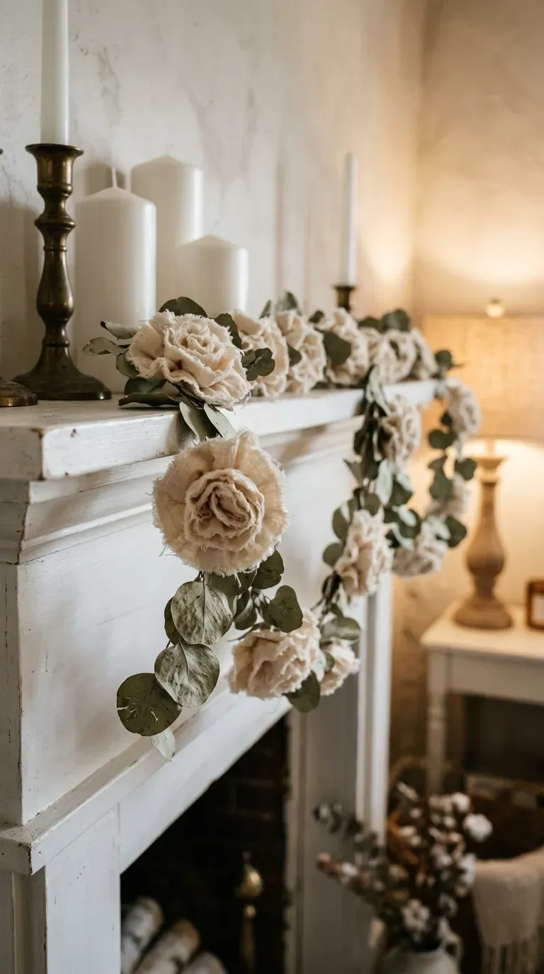 neutral cotton muslin rosette and dried eucalyptus garland draped over a white fireplace mantel