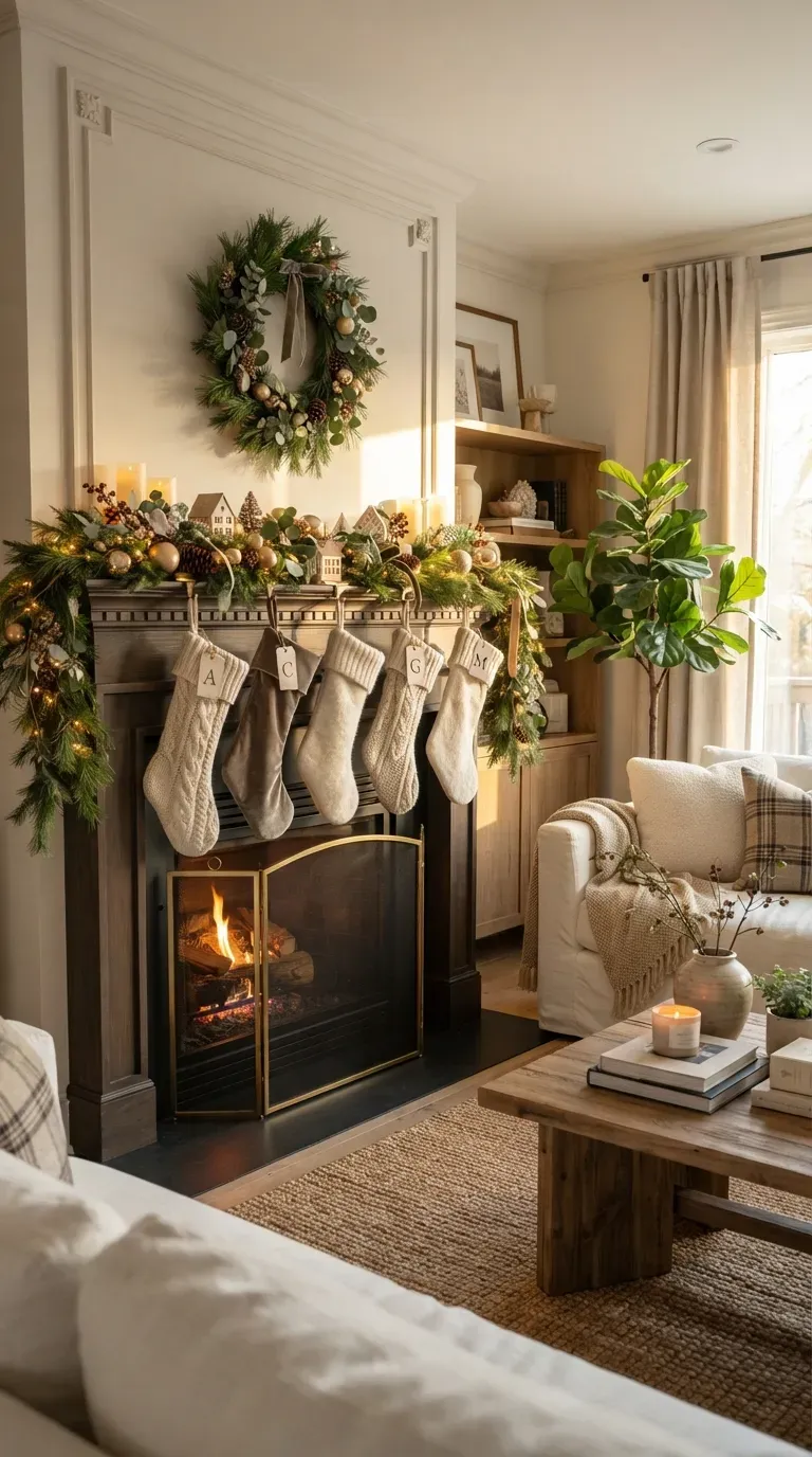 Cozy Christmas bedroom with festive bedding garland warm lights and holiday pillows.