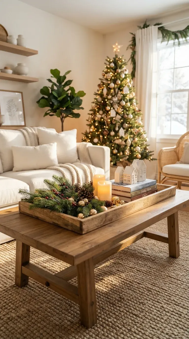 Festive Christmas coffee table with candles greenery books ornaments and ceramic decorations.