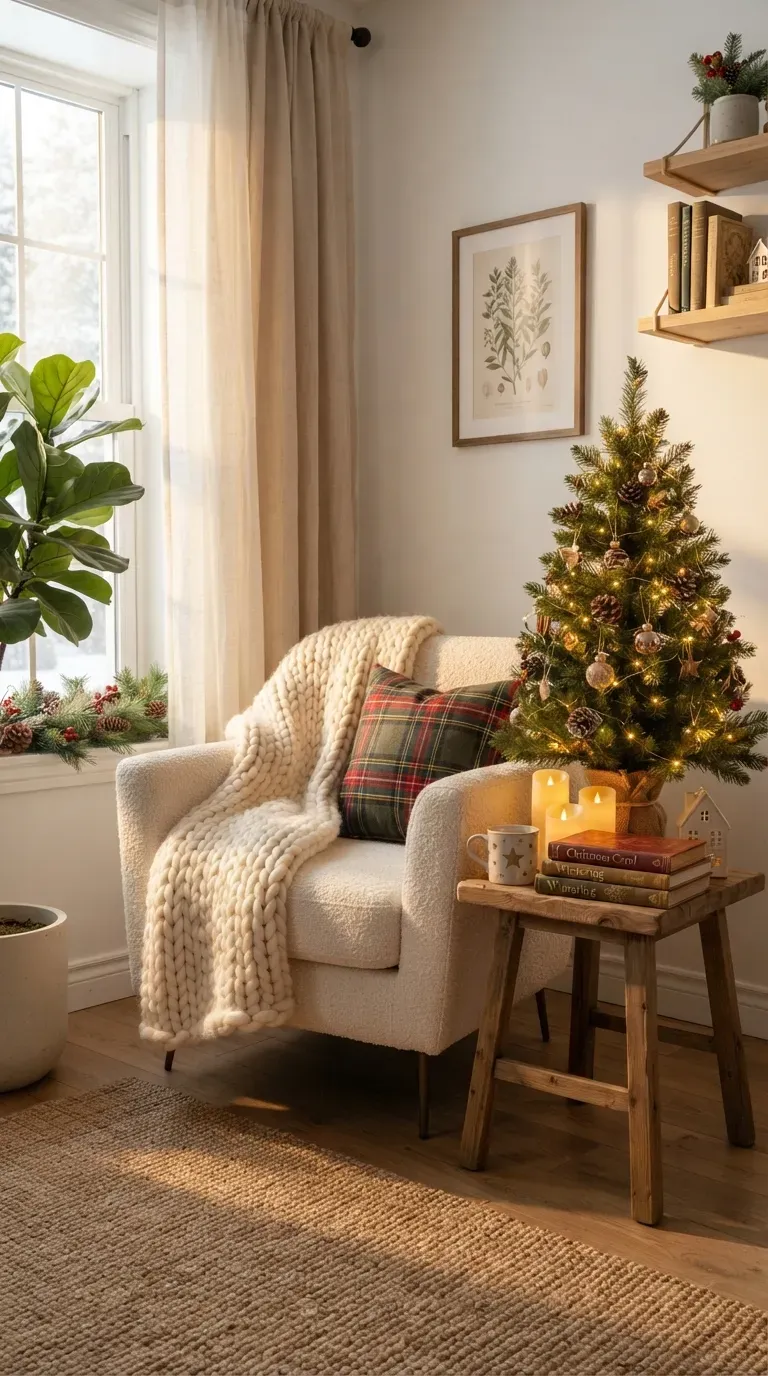 Warm Christmas reading corner with mini tree fairy lights blankets and festive pillows.