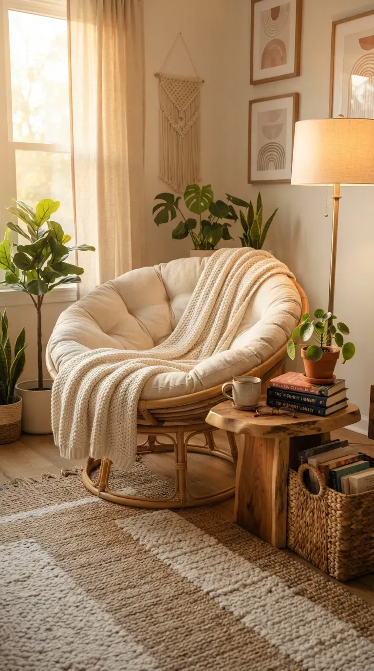 Cozy papasan chair reading nook with fluffy cushion books blanket and warm lighting.