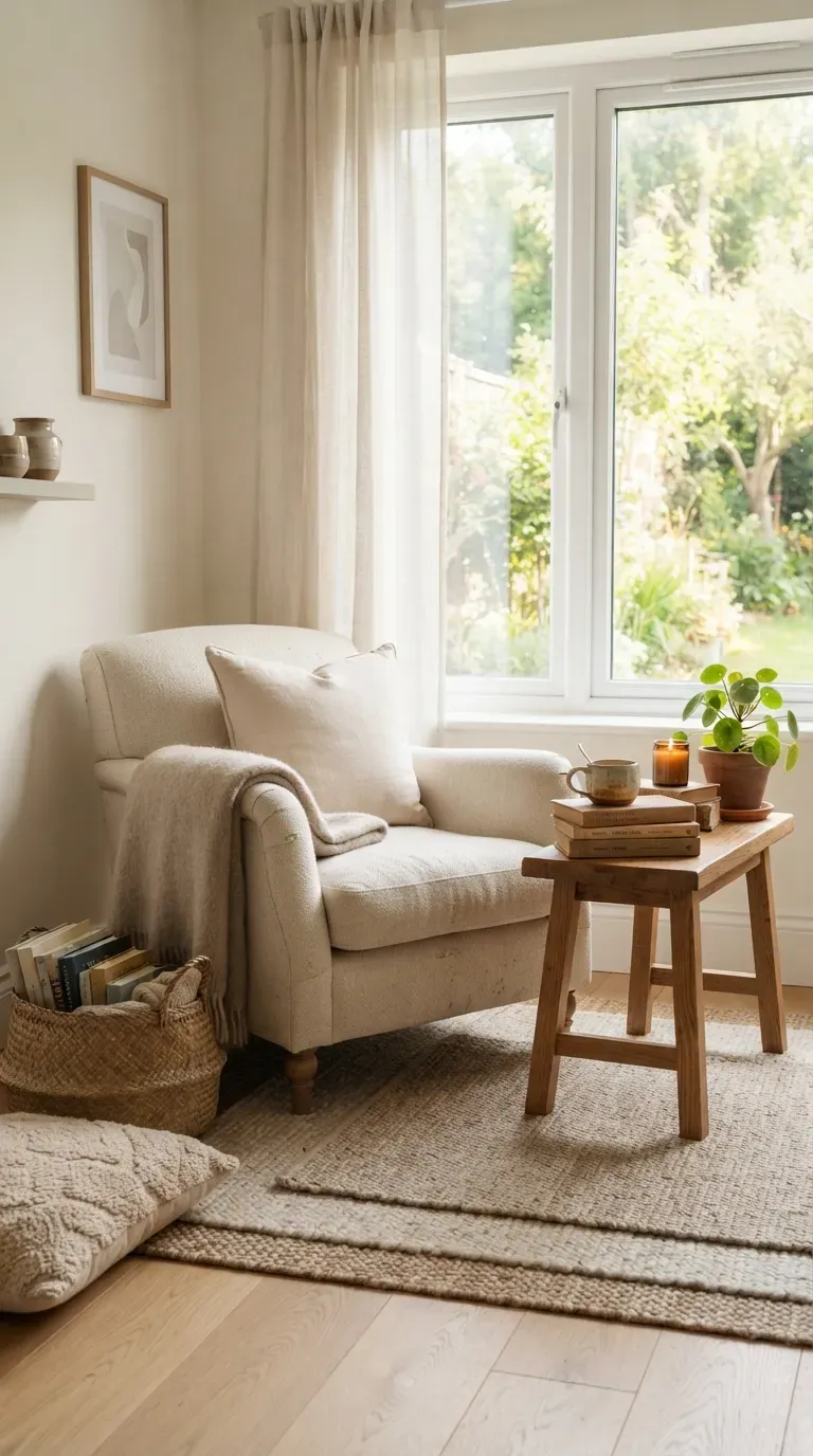 Cozy reading nook beside a large window with an armchair books and soft natural light.