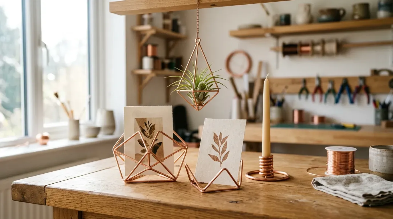 styled collection of handcrafted copper wire home decor pieces on a light oak workbench