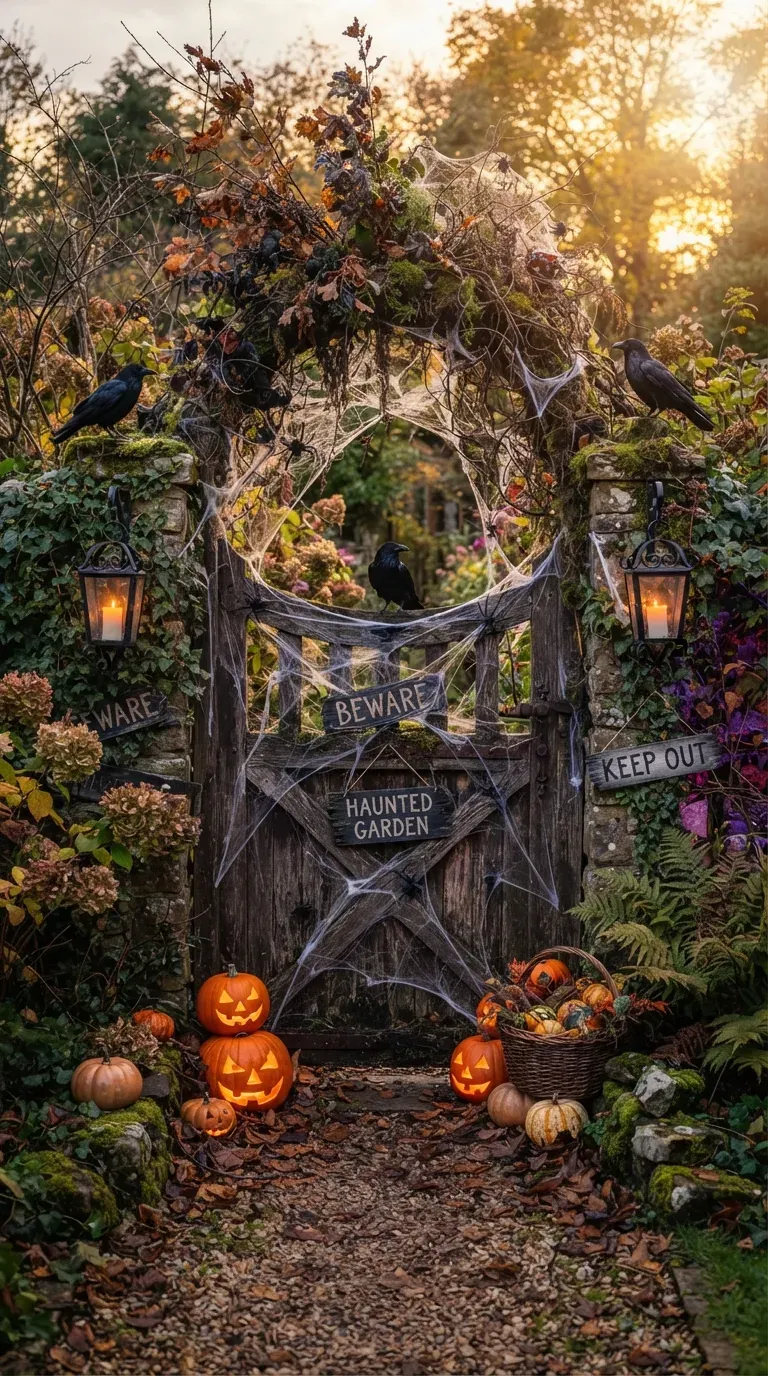 Dark Halloween garden gate decorated with cobwebs ravens lanterns and autumn pumpkins.