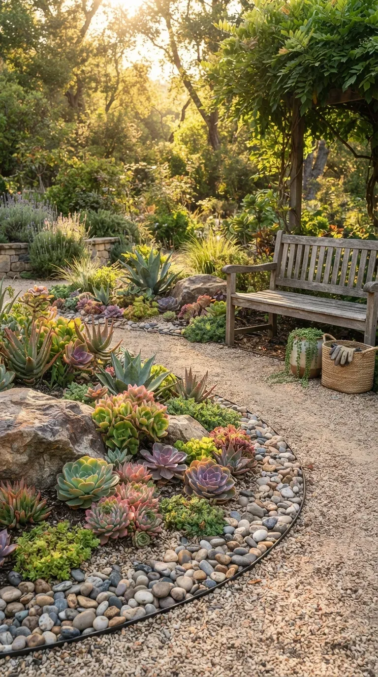 Elegant succulent garden finished with decorative gravel, pebbles, and natural accent rocks.
