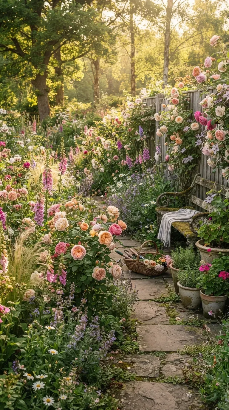 Lush cottage garden overflowing with English roses foxgloves lavender and colorful flowers.