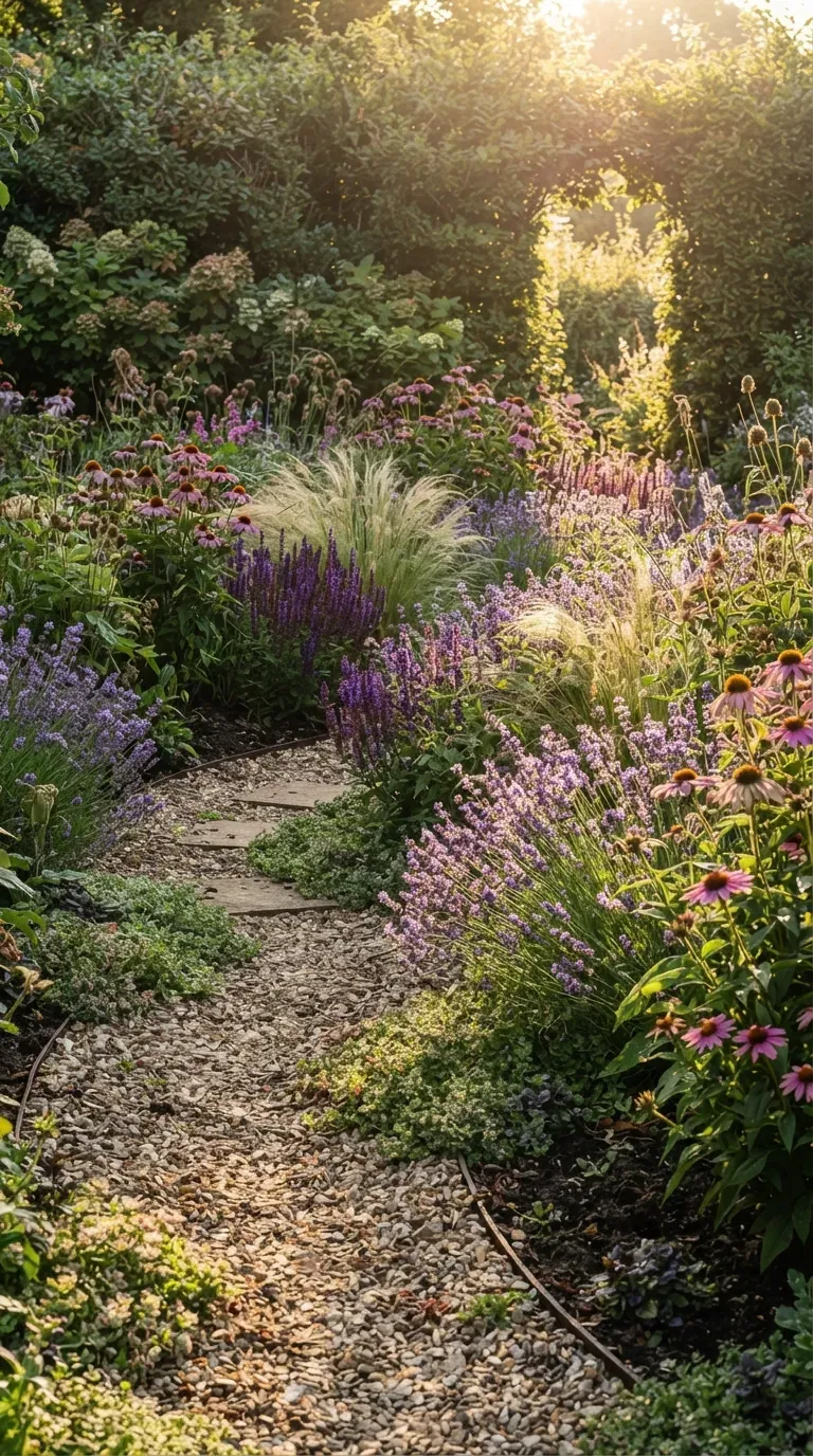 Dense layered garden planting with shrubs perennials grasses and low flowers.