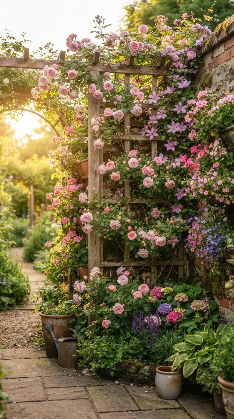 Colorful flower garden combining blush, rose, coral, and deep pink flowers.