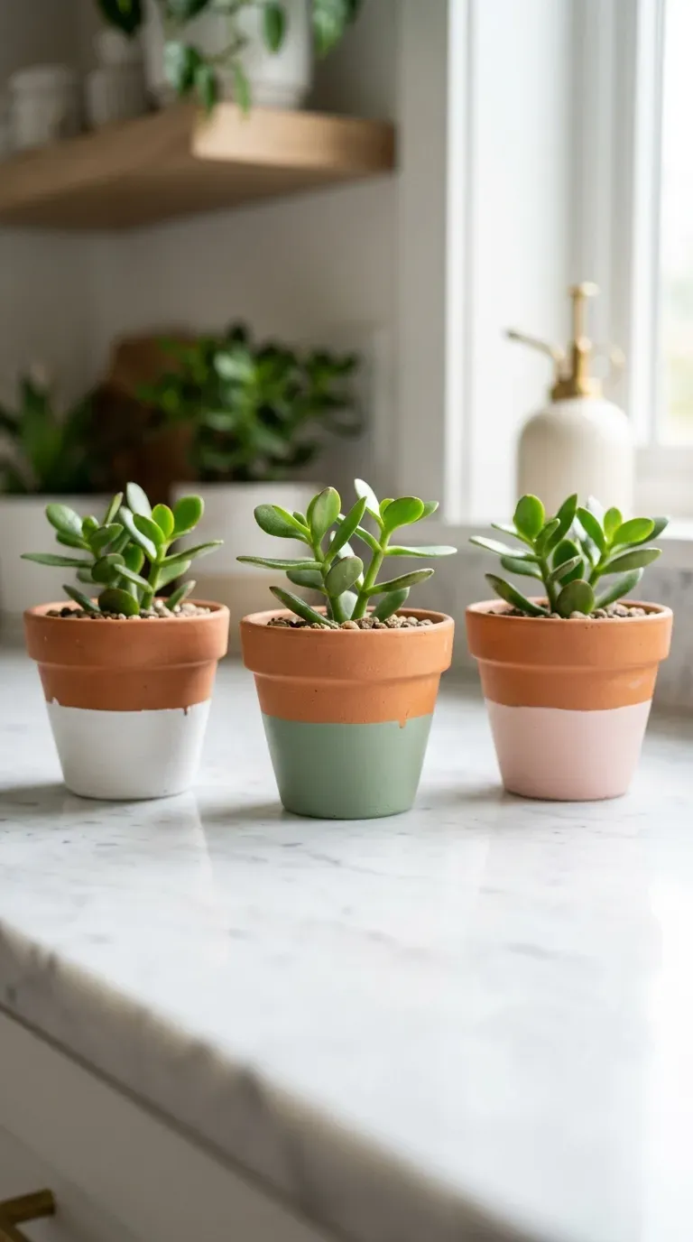 trio of dip-dyed white and sage green color-blocked terracotta pots on marble countertop