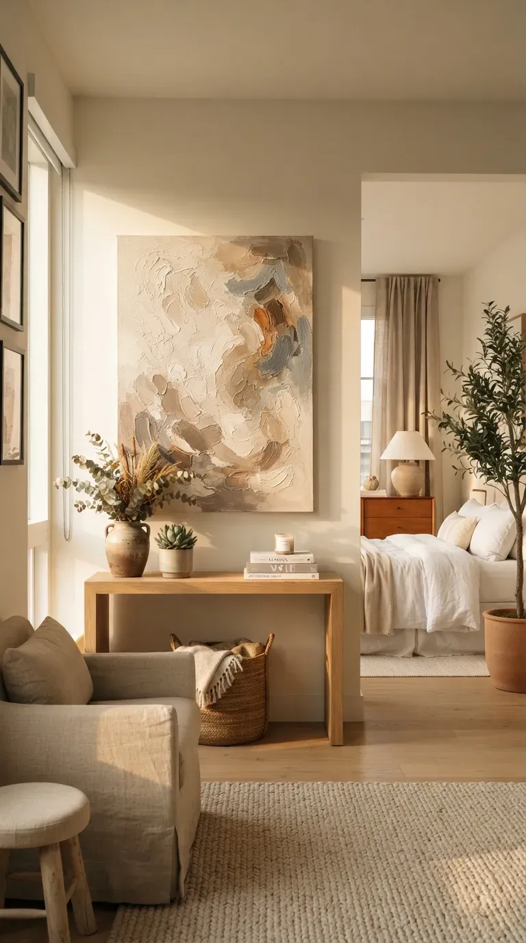 Neutral abstract canvas wall art displayed above a modern wooden console.