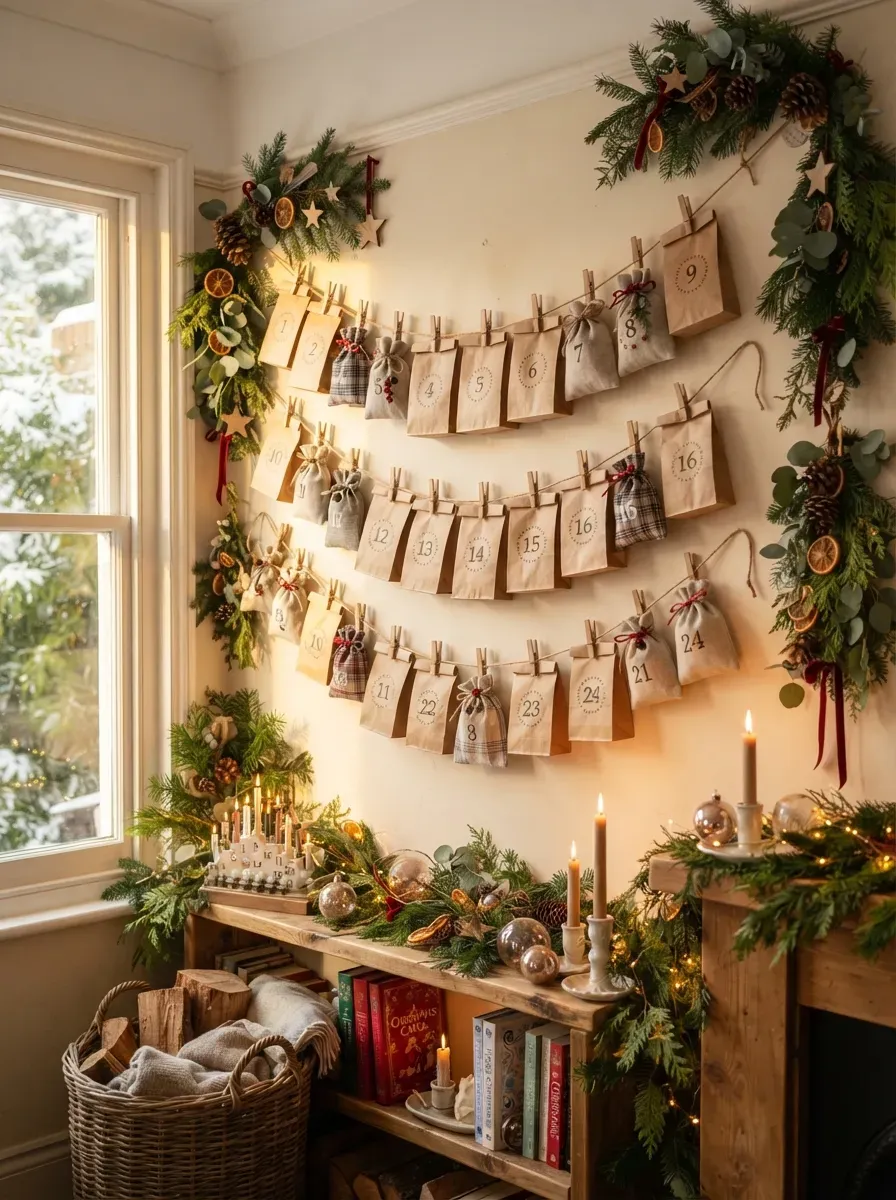 Festive Christmas advent garland with numbered paper bags and greenery.