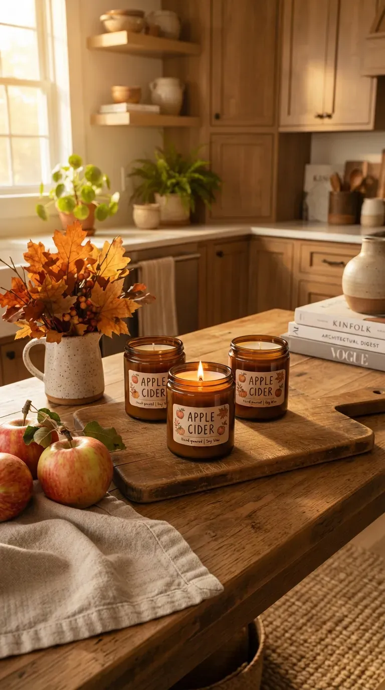 Apple cider inspired candles in glass jars surrounded by cozy autumn kitchen decor.