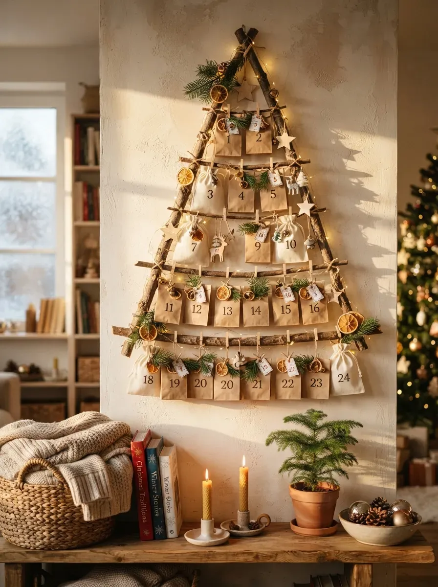 Natural branch advent calendar decorated with numbered hanging Christmas bags.