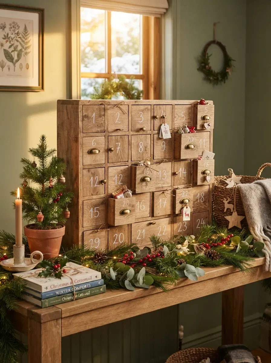 Handmade Christmas tree advent calendar with numbered hanging pockets.