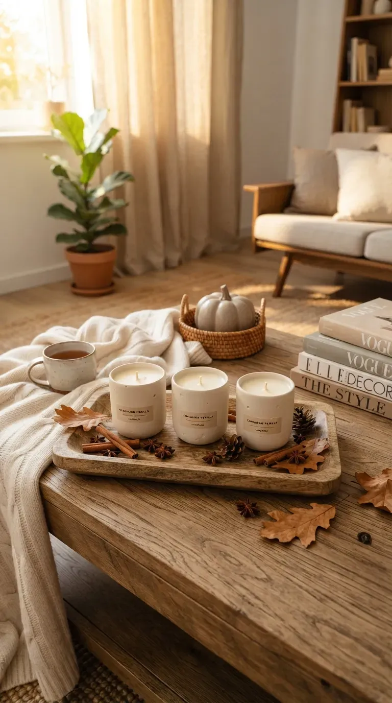 Warm cinnamon vanilla candles styled with neutral autumn decorations and cozy textures.