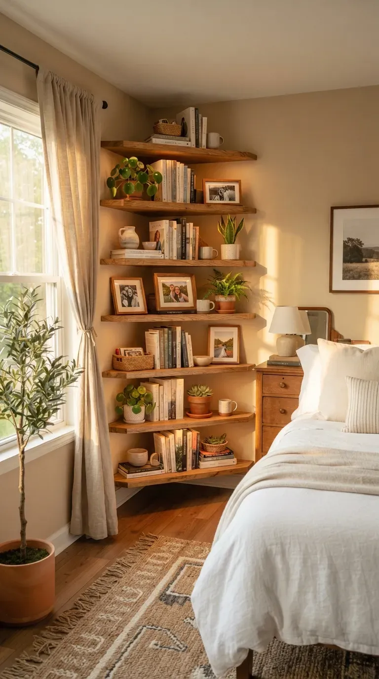 Slim DIY corner bookshelf filled with books plants baskets and cozy home accessories.