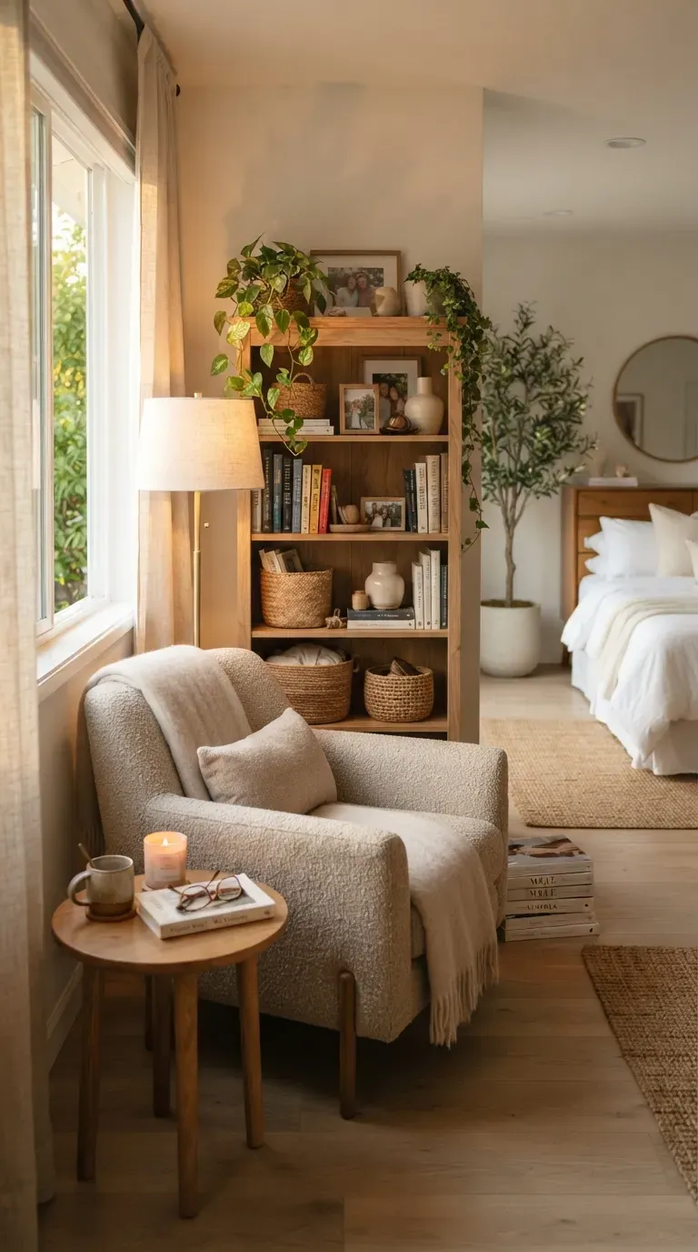 Cozy reading nook with DIY wooden bookshelf books plants baskets and warm neutral decor.