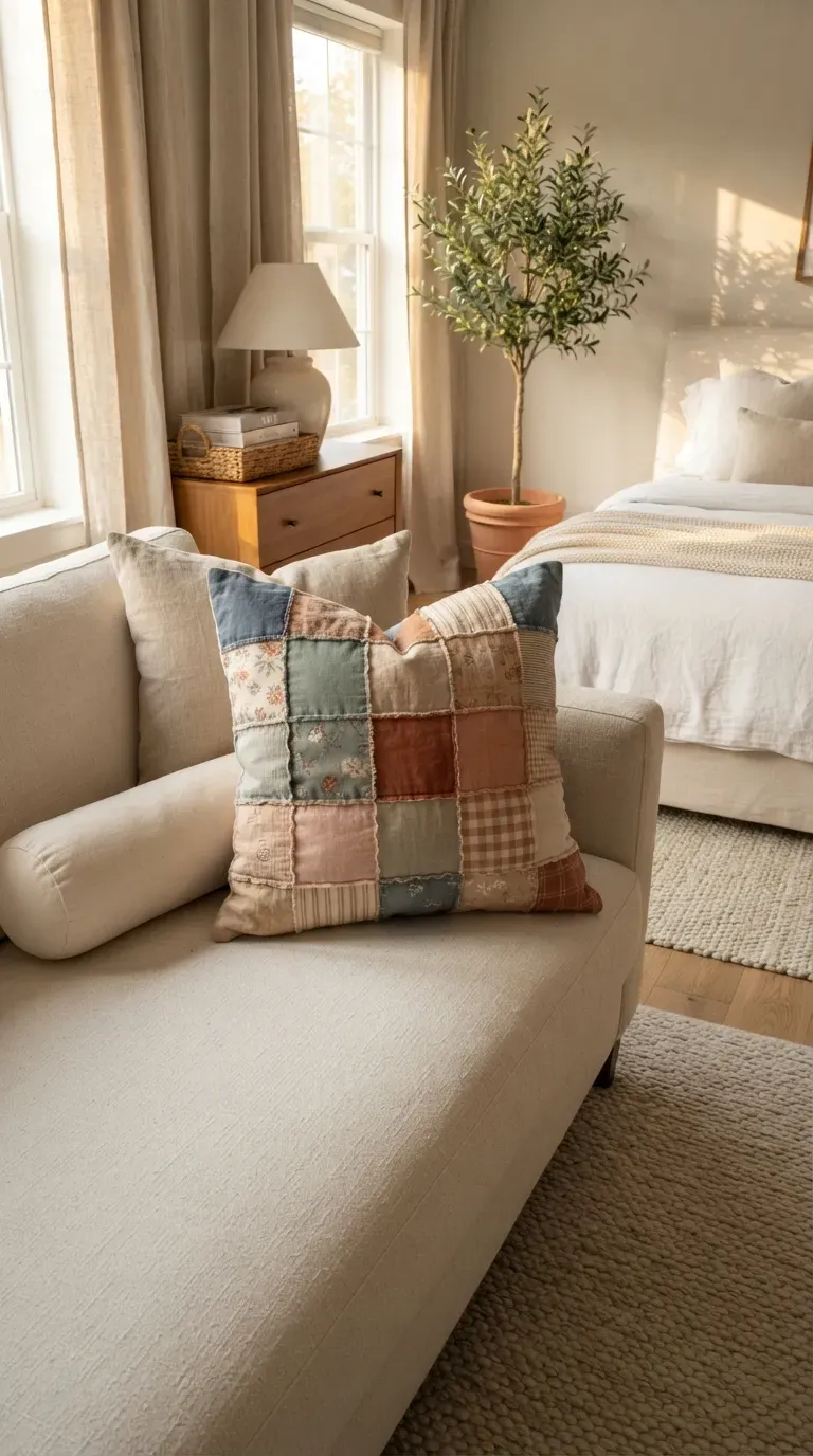 Handmade embroidered floral throw pillow adding detail to neutral home decor.