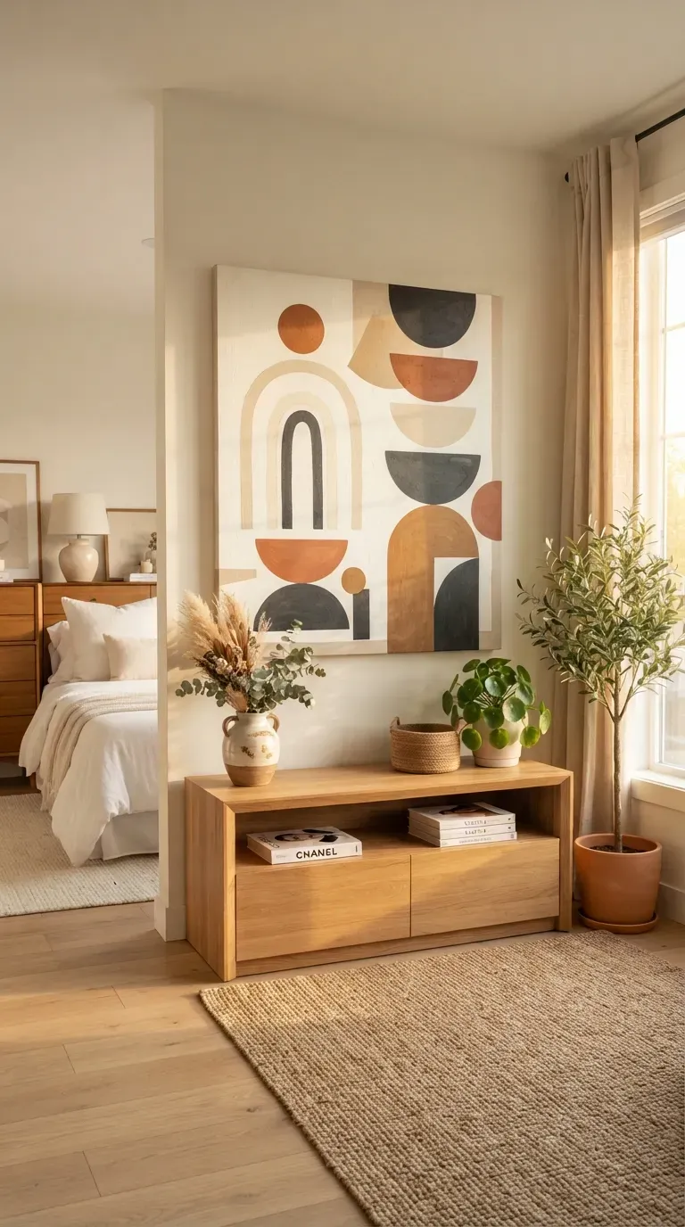 Neutral fabric wall hanging with layered textiles creating cozy handmade wall decor.