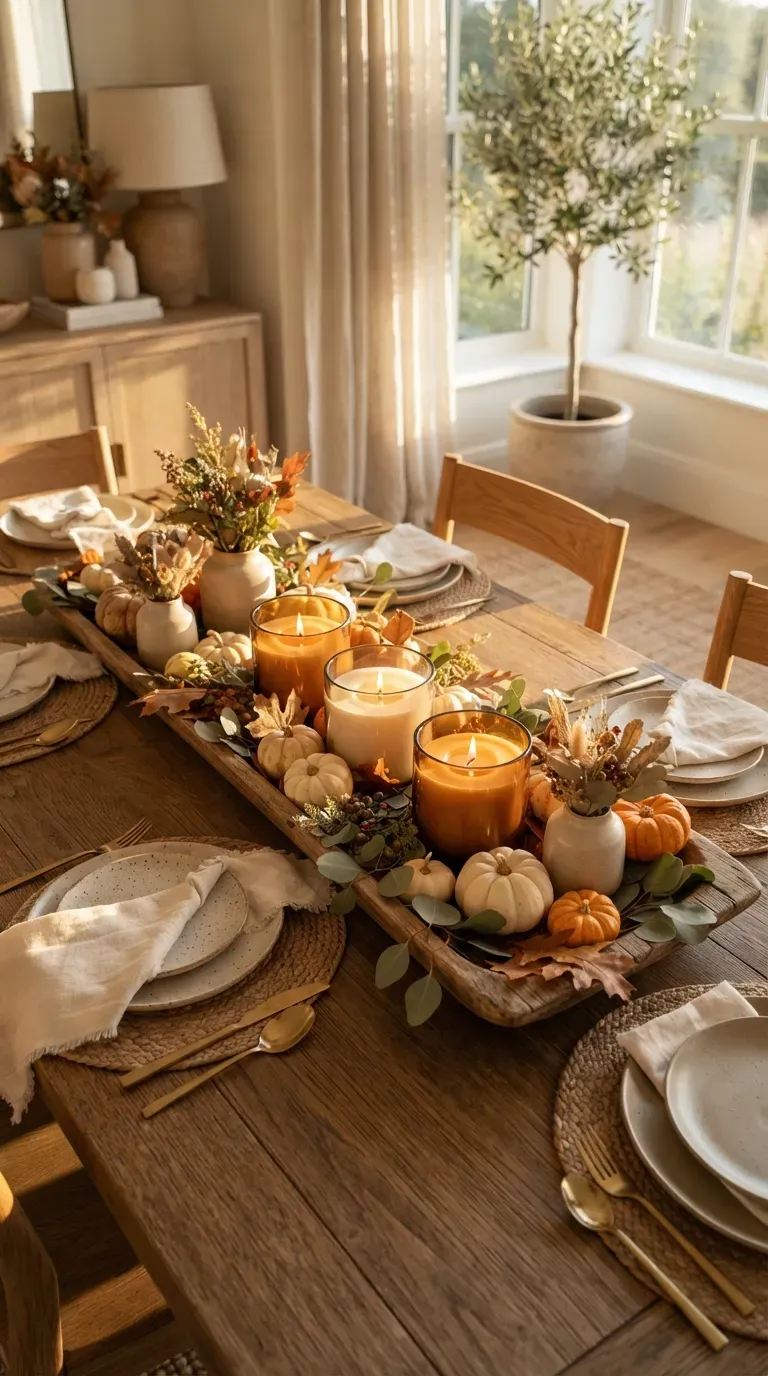 Elegant autumn candle centerpiece with pumpkins leaves and neutral dining table decor.