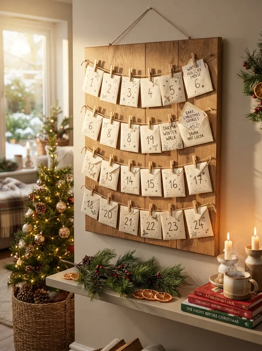 Family advent calendar filled with handwritten Christmas activity cards.