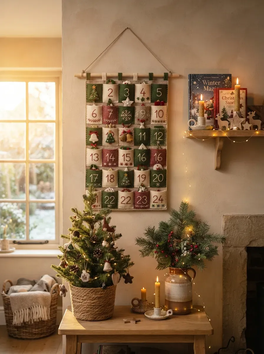Colorful handmade felt advent calendar with 24 decorated Christmas pockets.