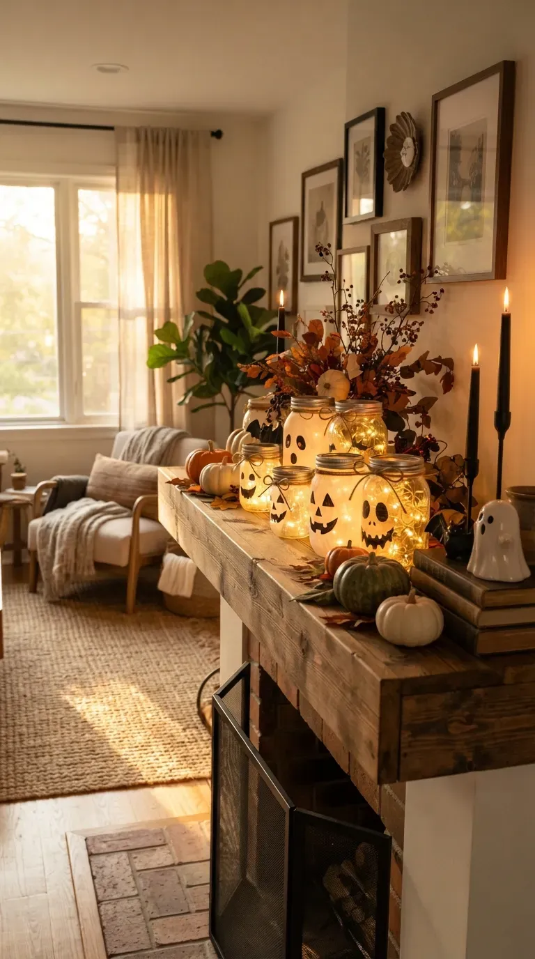Handmade floating cheesecloth ghosts hanging above a stylish Halloween decorated room.