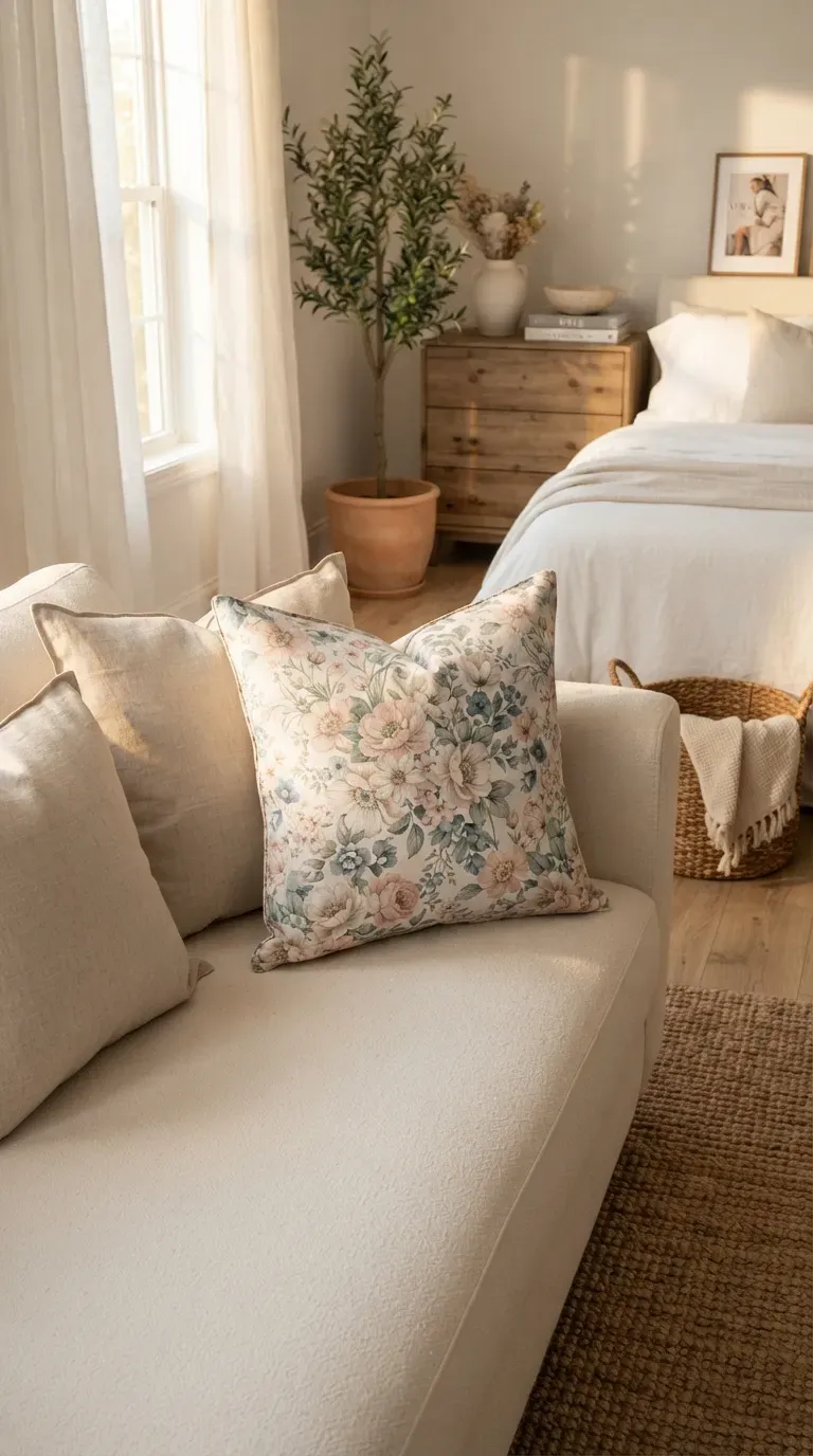 Soft floral fabric throw pillow adding delicate color to neutral living room.