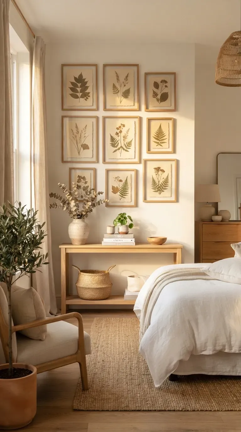 Pressed botanical wall art displayed in elegant natural wood frames.