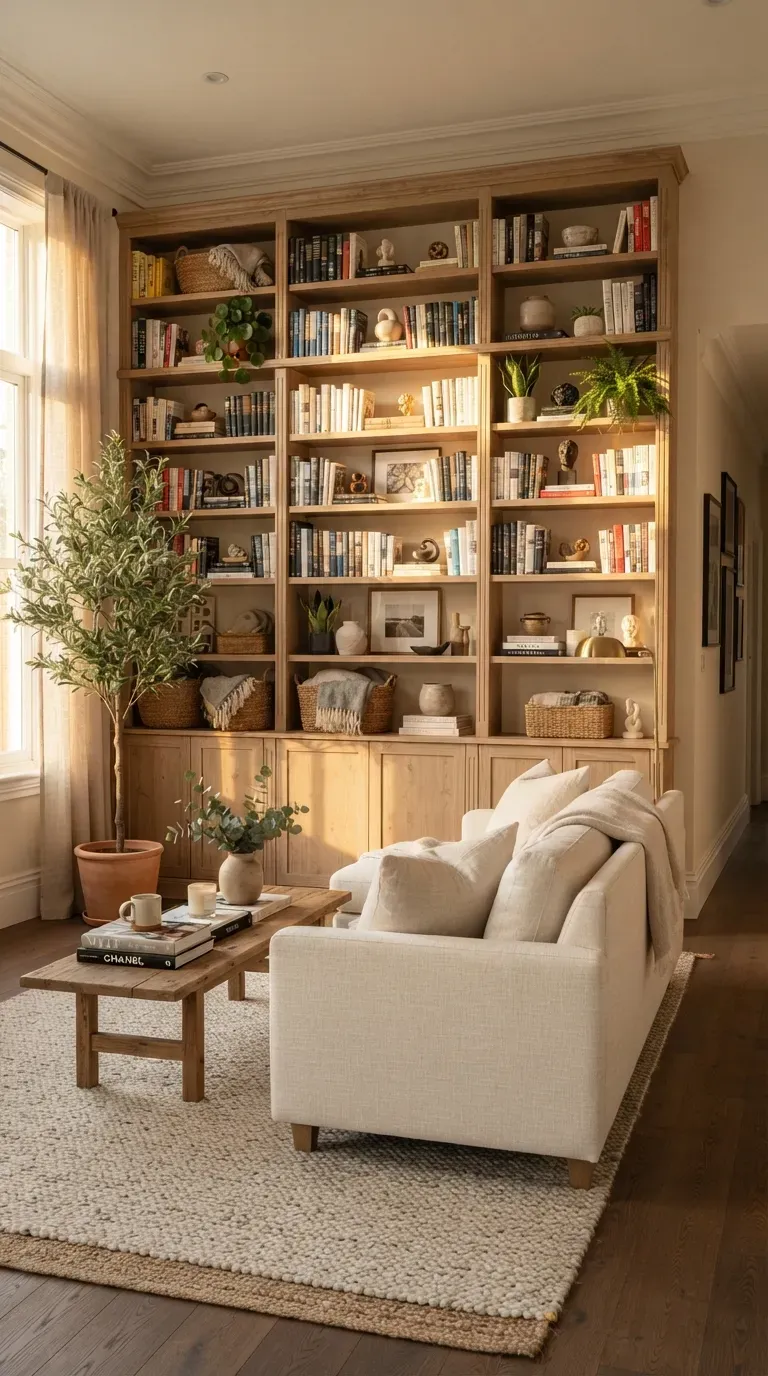 Large DIY built-in bookshelf covering wall with books plants baskets and elegant decor.