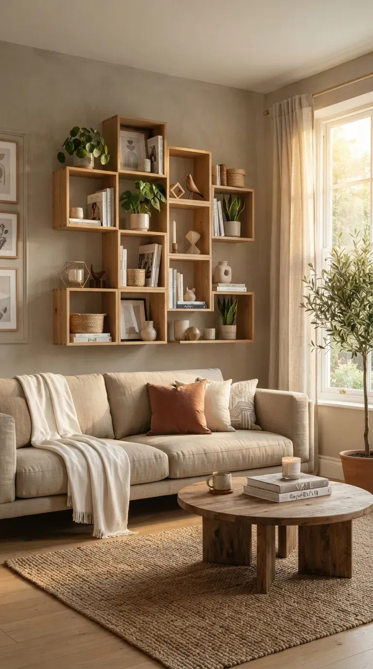 Modern geometric box bookshelf styled with books plants ceramics and minimalist decor.
