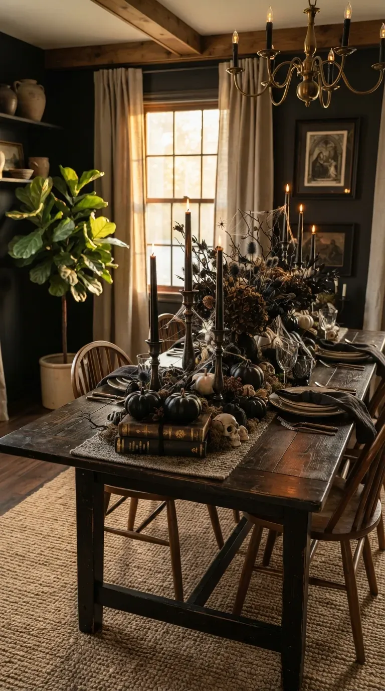 Elegant gothic Halloween centerpiece with black flameless candles pumpkins and dried flowers.