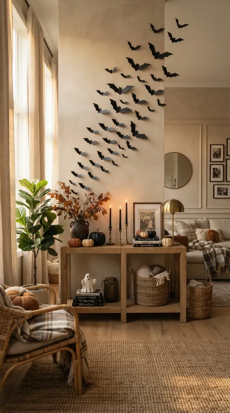 Black paper bats flying across a warm neutral living room wall.