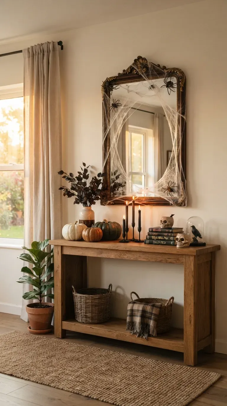 Elegant Halloween entryway with pumpkins black branches lanterns and autumn decorations.