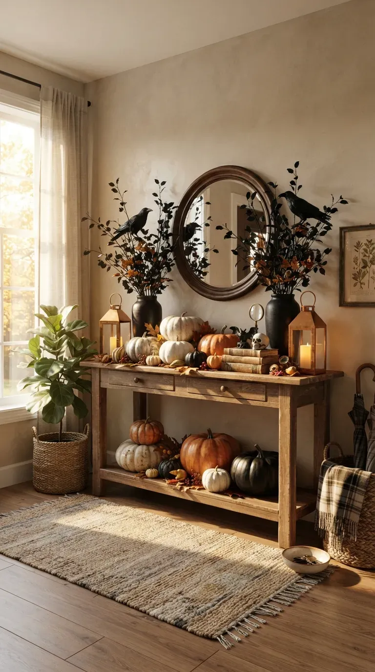 Vintage mirror decorated with subtle spiderwebs and spooky Halloween accents.
