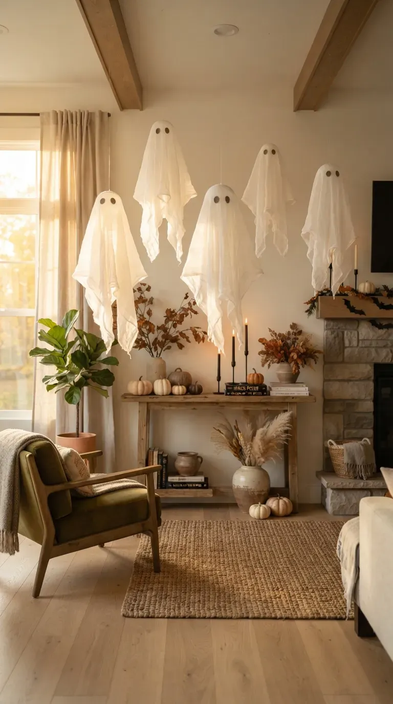 Elegant haunted mantel with pumpkins candles ravens and gothic Halloween decorations.