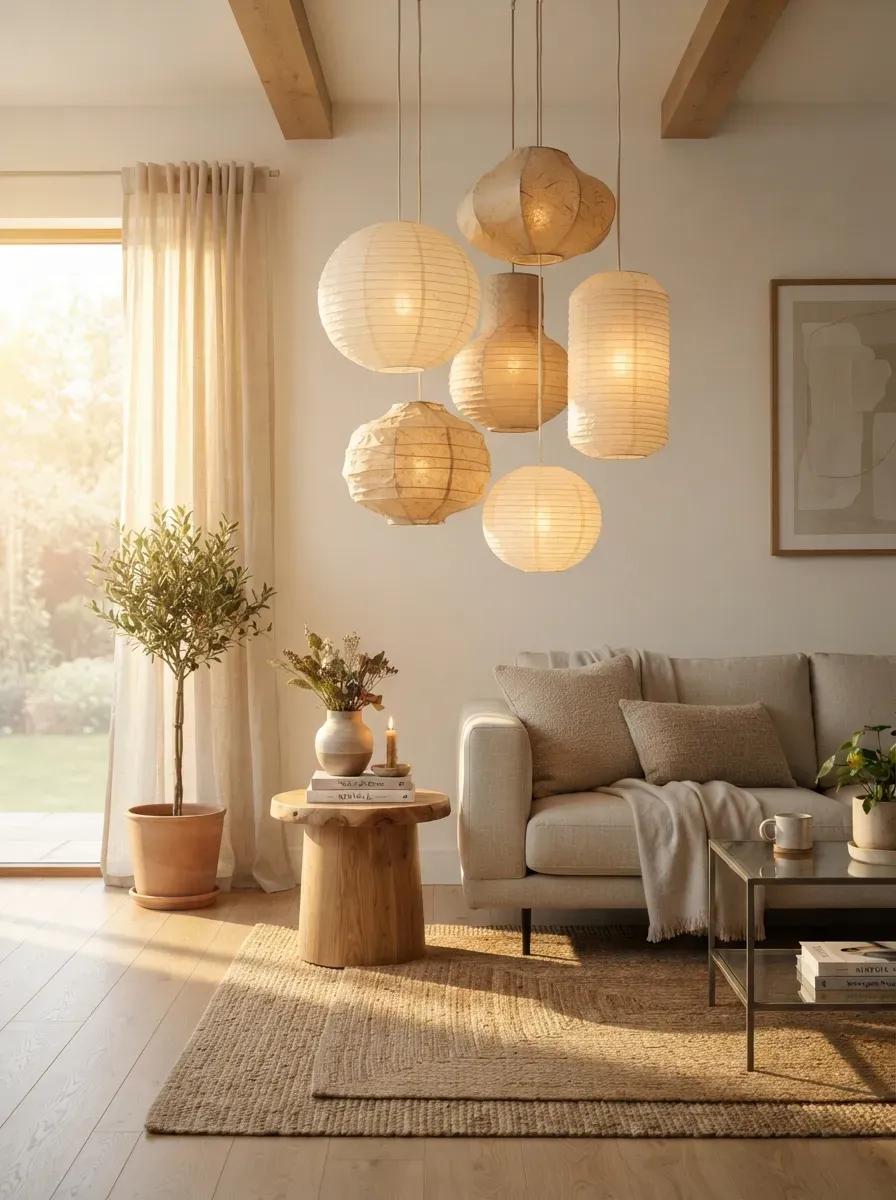 Warm hidden LED lighting illuminating stylish wooden shelves and decorative objects.