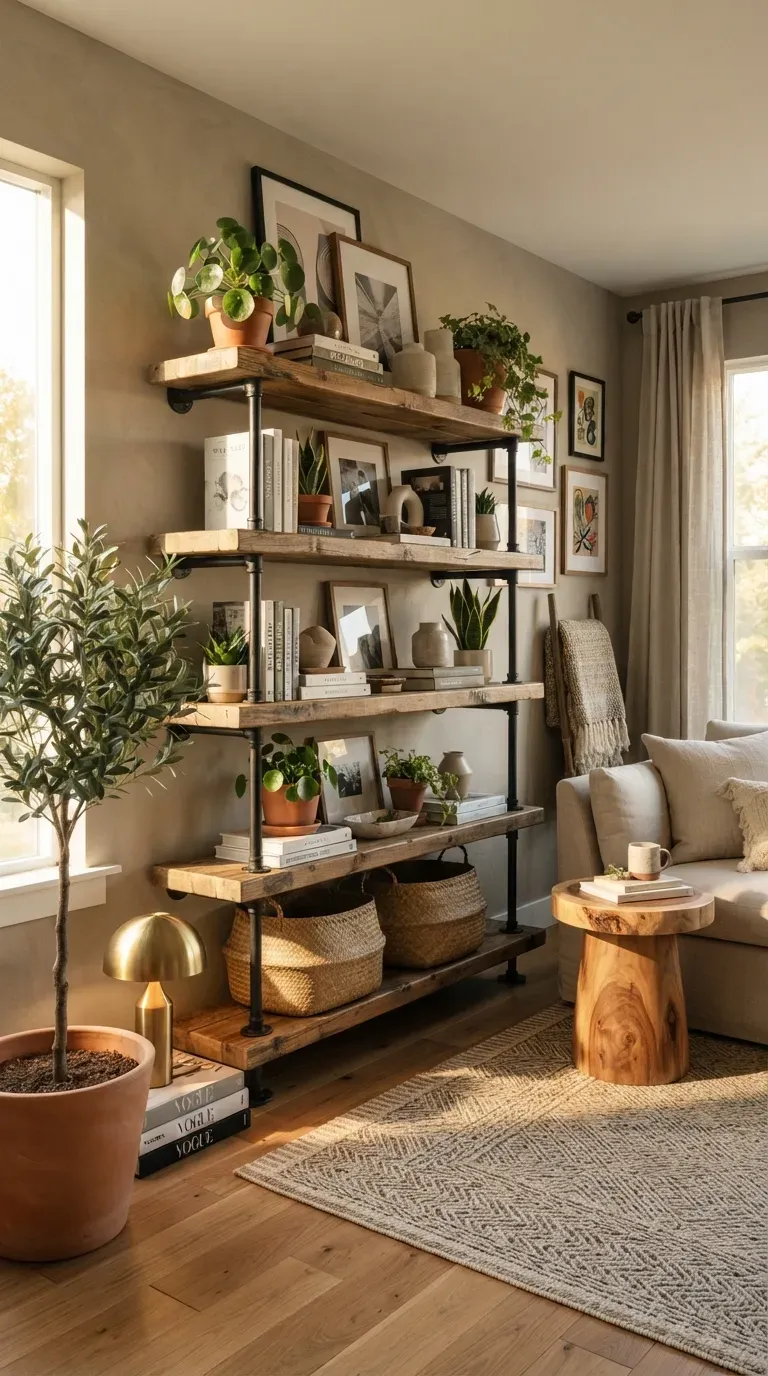 Industrial bookshelf made from wooden shelves and black metal pipes in modern living room.
