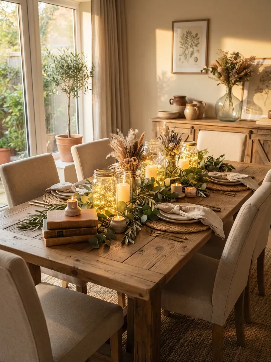 Elegant glowing table centerpiece with LED candles glass jars and natural greenery.