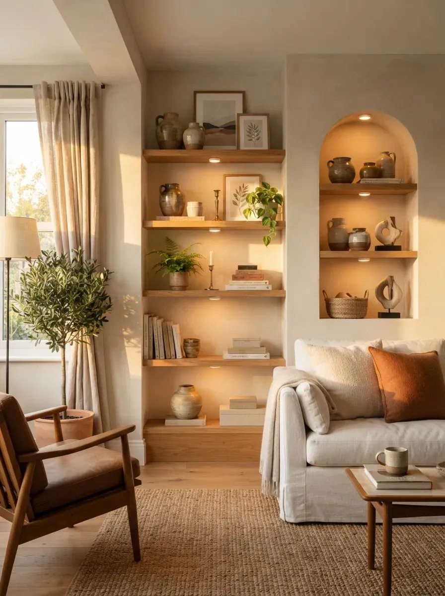 Warm LED puck lights illuminating dark display shelves in a modern home.