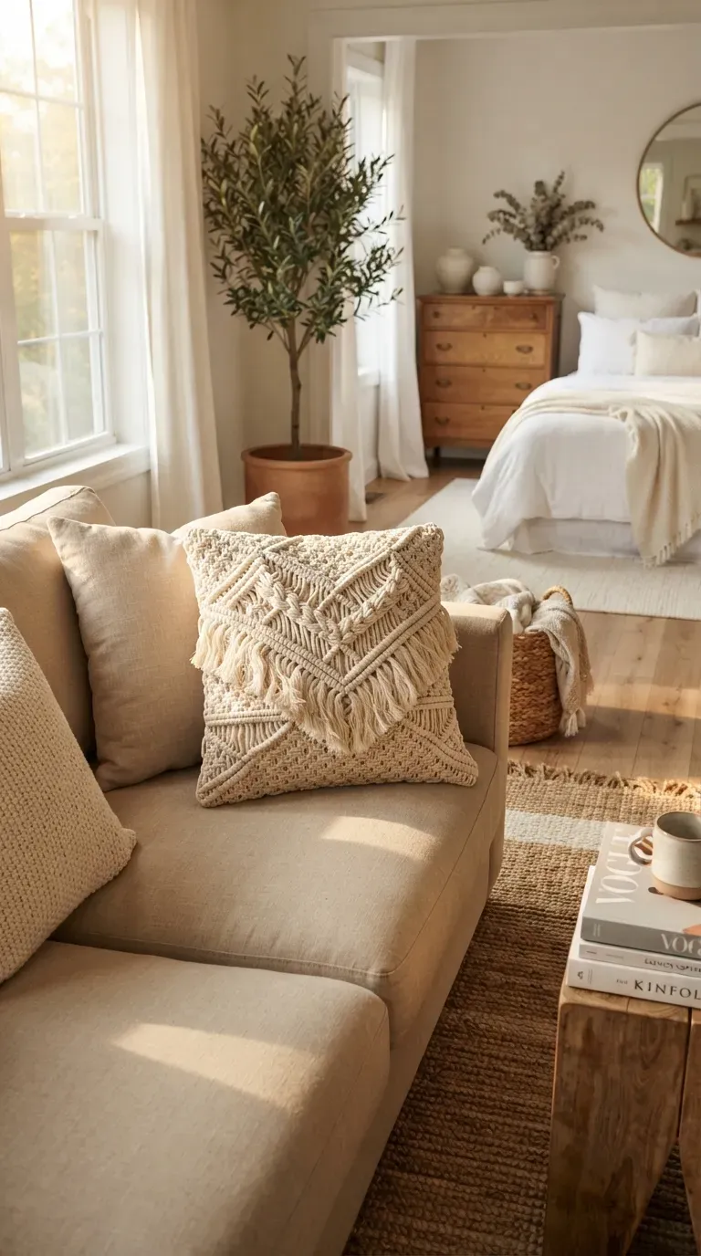 Boho macrame accent pillow with cream knotted details on neutral sofa.
