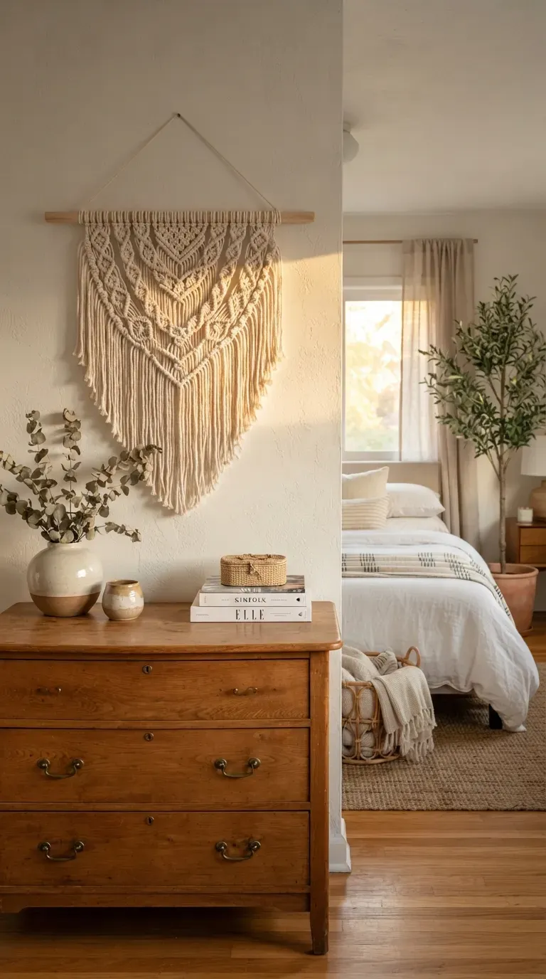 Cream macrame wall hanging adding soft texture to a cozy neutral bedroom.