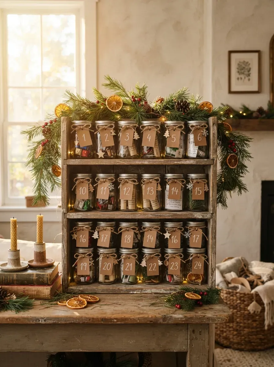 Rustic mason jar advent calendar filled with Christmas notes and treats.