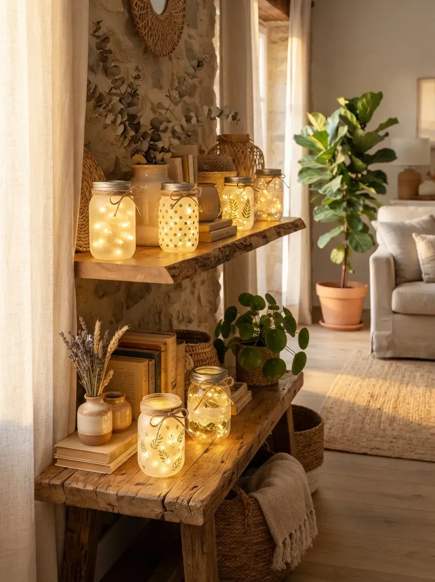Glowing handmade mason jar lanterns decorating a cozy rustic indoor space.