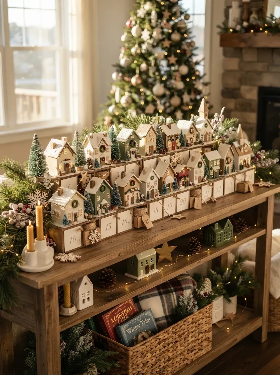 Charming miniature Christmas village advent calendar with numbered little houses.