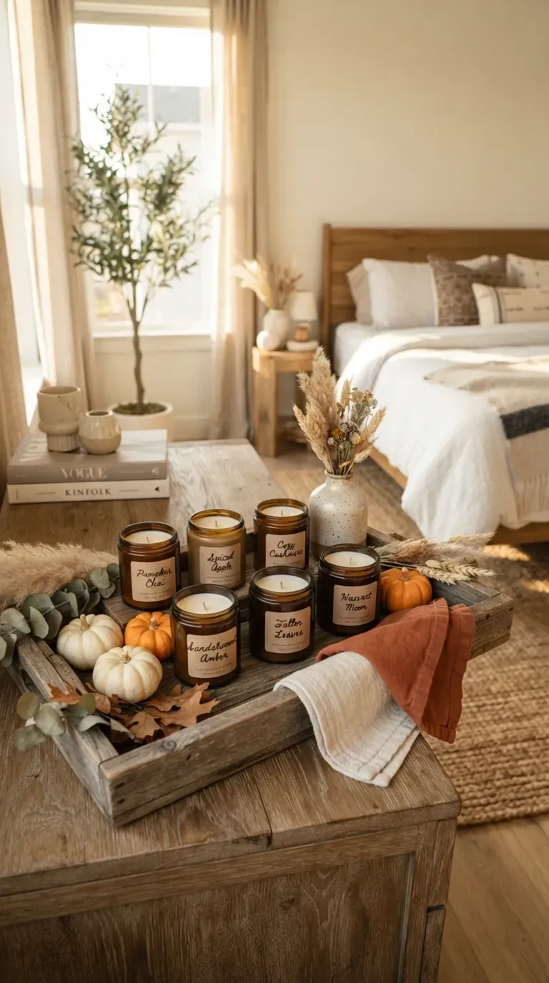 Collection of small handmade fall candles in amber jars with seasonal neutral styling.