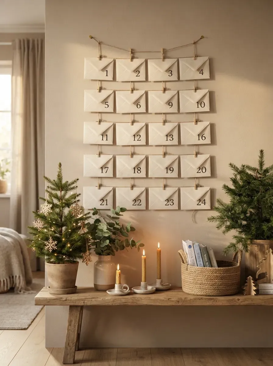 Elegant minimalist advent calendar with neutral envelopes and natural Christmas decor.